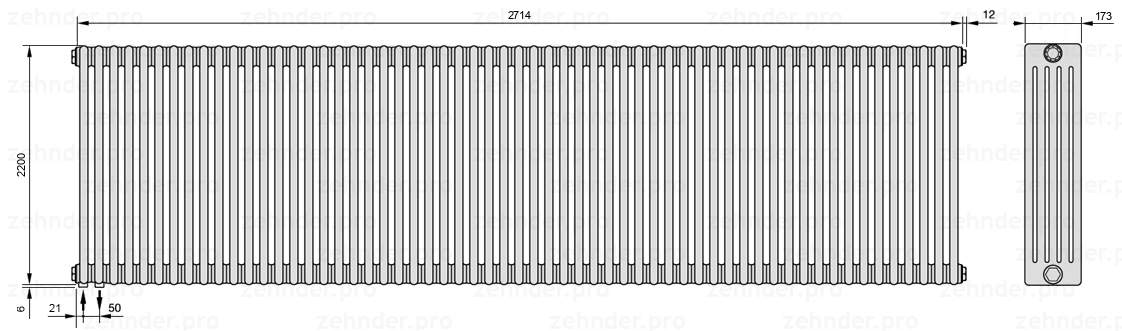 Схема (чертеж) Радиатор Zehnder Charleston 5220/59 №3370 Белый глянцевый RAL 9016